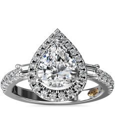 Anillo de compromiso con halo de diamantes de talla baguette y en forma de pera de estilo retro ZAC ZAC POSEN en oro blanco de 14 k (1/2 qt. total)